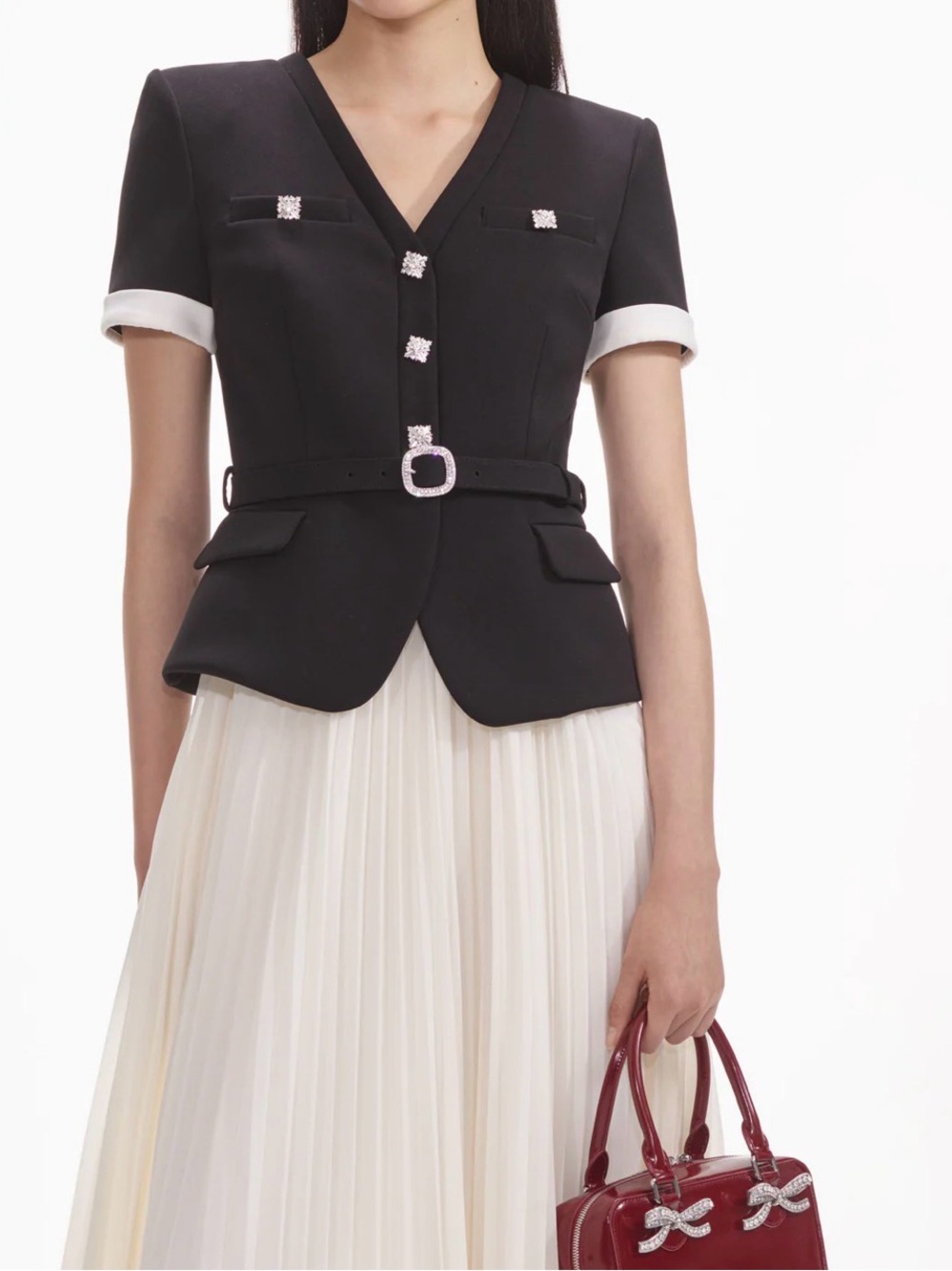 Self-Portrait Black and Cream Midi Dress with Pleated Skirt - Picture 4 of 9